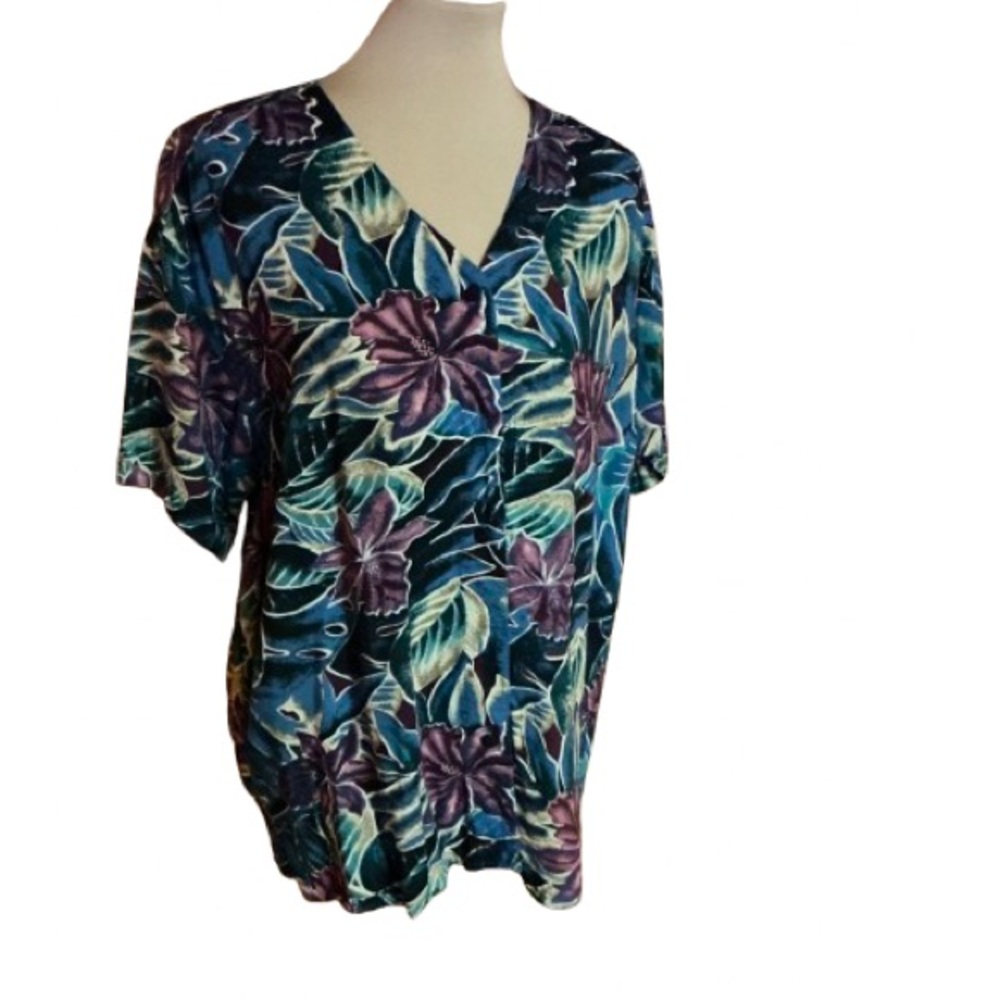 Vtg 80s Bright Tropical Flowers Blouse